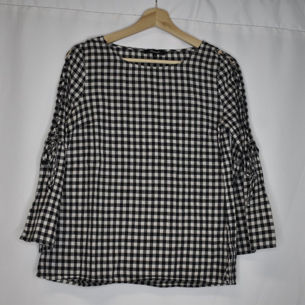 Madewell Women's Top Tunic Lace Up Bell Sleeve Gingham Cotton